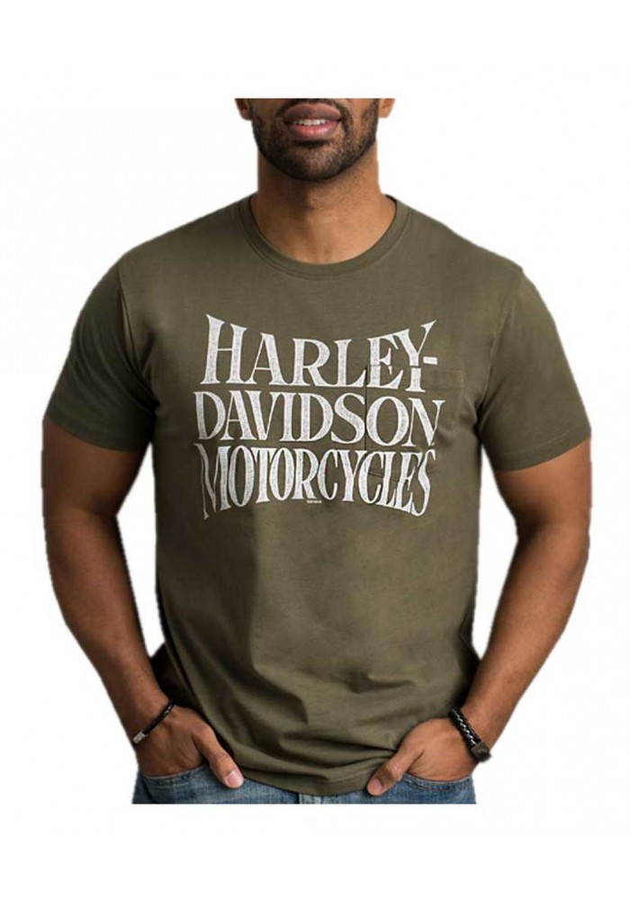 Harley-Davidson Hommes Cracked & Distressed Chest Pocket manches courtes Tee Shirt Green 30292412