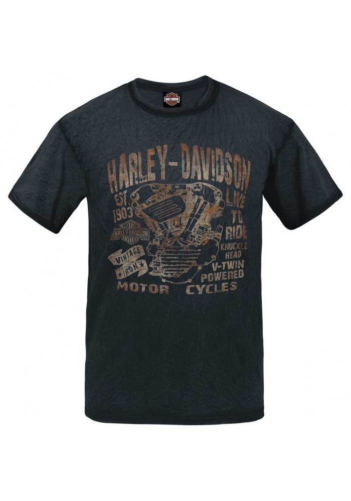 Harley-Davidson Hommes Bleached Crackle Dye col rond manches courtes T-Shirt Noir R002413