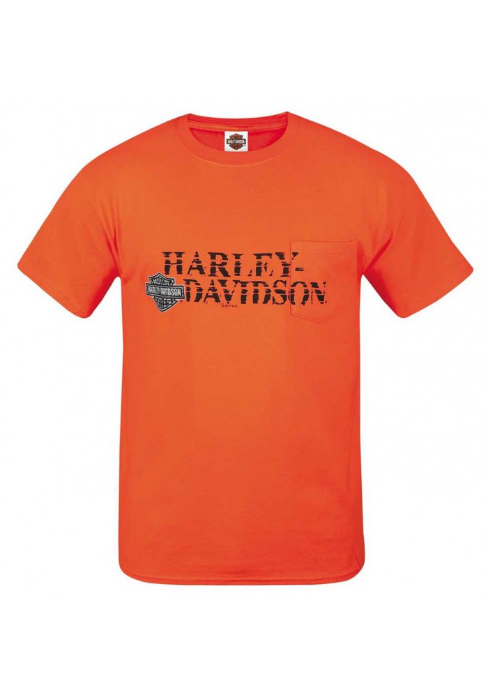 Harley-Davidson Mens Off Center manches courtes Chest Pocket T-Shirt Bright Orange R002408